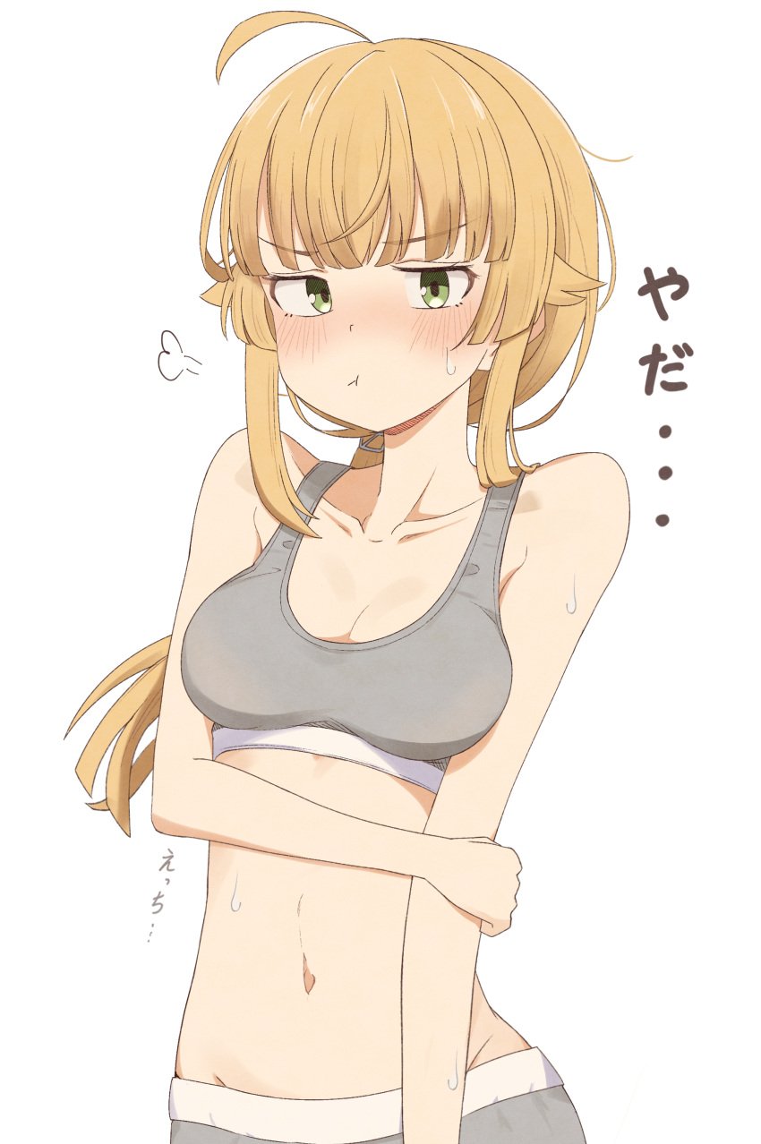 ahoge armpit_crease bare_arms bare_belly bare_shoulders belly_button blonde_hair blush breasts cleavage collarbone green_eyes grey_panties grey_sports_bra groin holding_own_arm medium_breasts medium_hair mushoku_tensei norn_greyrat pout root_(1732050807point) sports_bra sweatdrop underwear