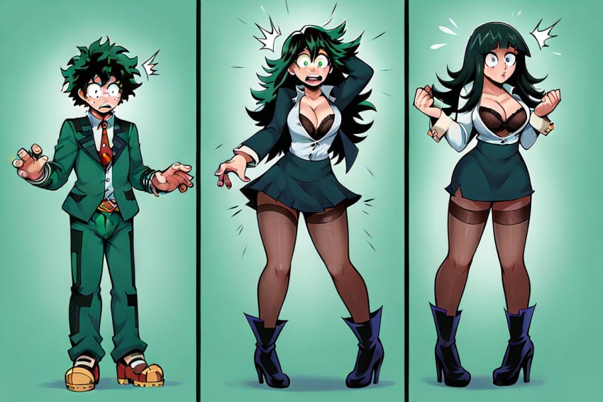 ai_generated ass_expansion breast_expansion female female_deku gender_transformation hair_color_change hair_growth izuku_midoriya large_ass large_breasts lip_expansion lips mtf_transformation my_hero_academia tgenerated thick_thighs thigh_expansion transformation transformation_sequence wide_hips