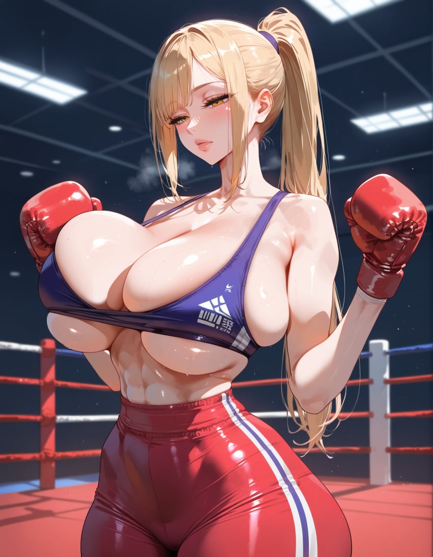 1girls abs ai_generated athletic athletic_female blonde_hair boxer boxing_gloves boxing_ring fit fit_female gigantic_breasts huge_breasts lewdwaifulaifu massive_breasts orange_eyes ponytail sideboob slim_waist solo solo_female solo_focus tied_hair underboob