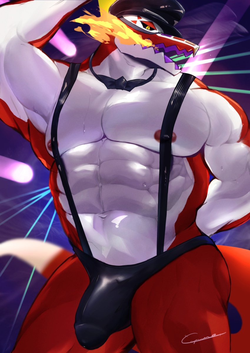 1boy abs anthro bulge caproicyuhki clothing crocodilian digital_drawing digital_media fire hat headgear headwear hi_res male male_anthro male_only muscular muscular_anthro muscular_male nintendo nipples pokemon pokemon_(species) reptile scalie skeledirge solo tail