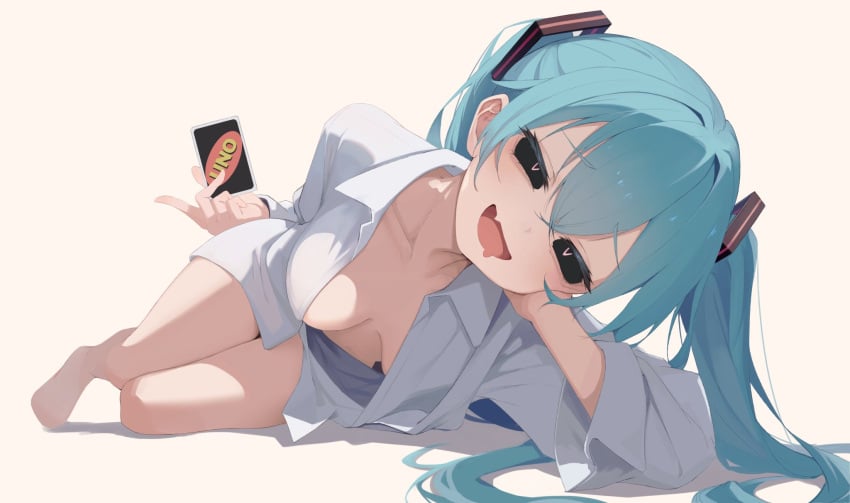 1girls artist_request black_eyes blue_hair female female_focus female_only hatsune_miku light_skin looking_at_viewer mesugaki_miku mimukauwa_nice_try_(vocaloid) small_breasts uno vocaloid