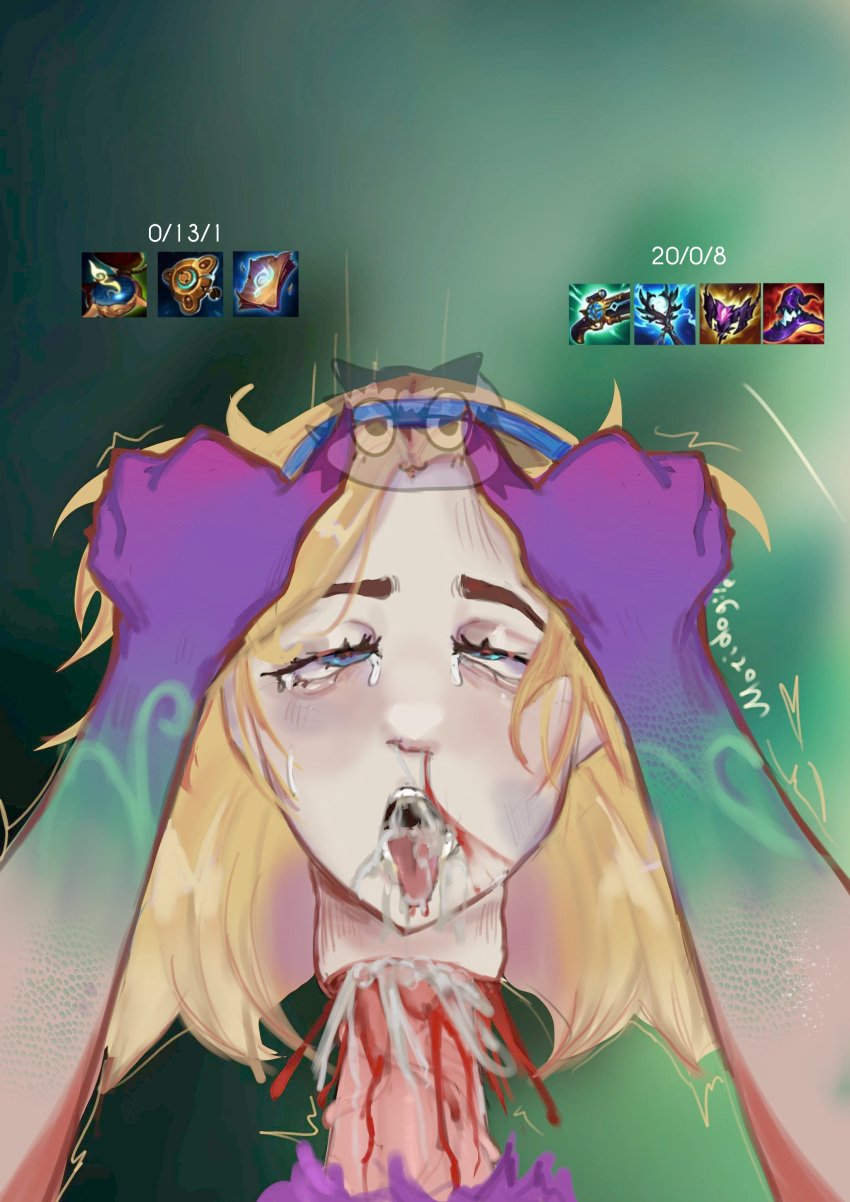 1futa 1girls blonde_hair blood blood_on_face blue_eyes crying crying_with_eyes_open cum cum_in_mouth cum_on_face ero_guro gore guro head_fucking league_of_legends lux moridogiie neeko purple_hair reptile reptile_humanoid sex