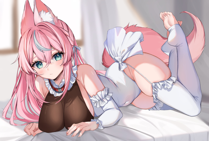 animal_ear_fluff animal_ears aqua_eyes bangs bare_shoulders barefoot bed blue_eyes blurry blurry_background blush bow breasts depth_of_field detached_sleeves dress eyebrows_visible_through_hair female fox_ears fox_girl fox_tail frills garter_straps hair_between_eyes large_breasts leotard long_hair looking_at_viewer lying maid on_bed pink_hair solo tail thighhighs vyugen white_legwear yuniiho_(character)