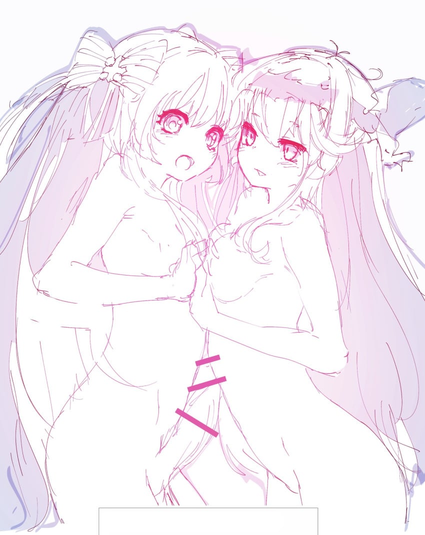 2girls aged_down alternate_size attakainiku bad_id bad_twitter_id breasts censored chaos_aurora_(grimms_notes) chaos_marie_(grimms_notes) futanari grimms_notes hair_ribbon hairband holding_hands long_hair monochrome multiple_girls open_mouth penis sketch smile yuri