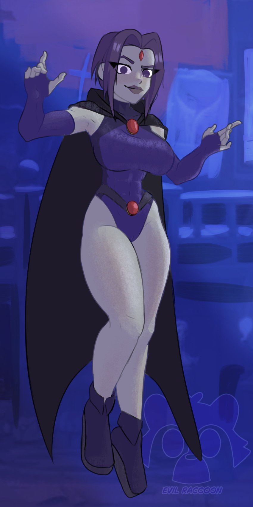 1girls abs armpits big_breasts dc dc_comics evil_raccoon female female_only grey_body multiversus purple_eyes purple_hair rachel_roth raven_(dc) raven_(multiversus) short_hair solo superheroine tagme teen_titans thighs warner_brothers