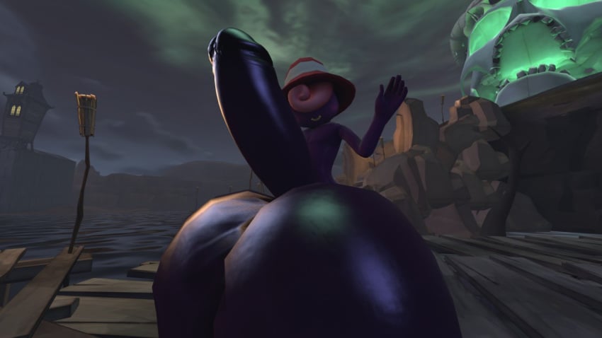 1boy 3d 3d_(artwork) ass cloud cloudy_sky colored_skin erection genderswap_(ftm) hat huge_cock kennythebobcat lamppost male male_focus mario_(series) night nintendo nude outdoors paper_mario paper_mario:_the_thousand-year_door penis purple_skin rule_63 sfm sky source_filmmaker uncensored vivian_(paper_mario)