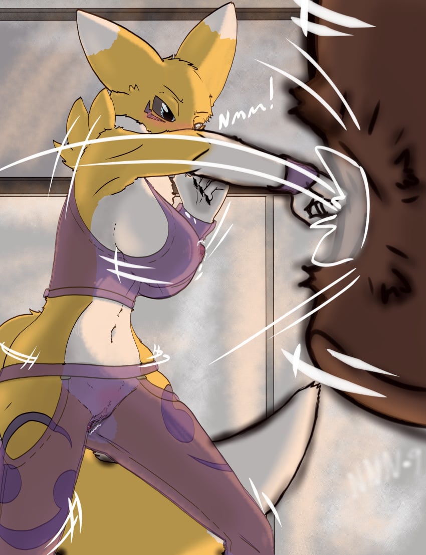 absurd_res anthro athletic_wear bandai_namco big_breasts black_sclera blue_eyes blush breasts canid canine canis clothed clothing digimon digimon_(species) digital_media_(artwork) egg_vibrator fan_character female foxylilshrink fur hi_res humanoid mammal markings meme nipples no_nut_november punching_bag renamon sex_toy simple_background solo tail vibrator white_body white_fur workout_equipment yellow_body yellow_fur