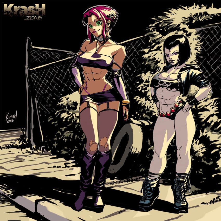 2girls abs alien_girl black_hair boots fishnets forehead_jewel full_body green_eyes krashzone large_breasts medium_breasts outdoors prostitution raven_(dc) red_hair starfire superheroine taller_girl teen_titans titans