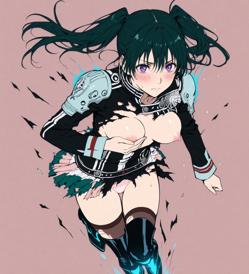 ai_generated blush covered_nipples d.gray-man lenalee_lee medium_breasts nipples torn_clothes