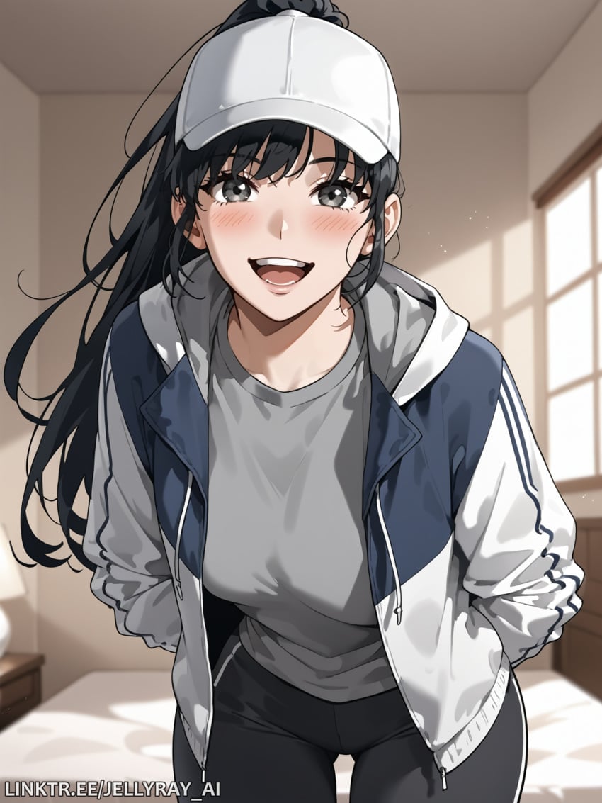 ai_generated bangs baseball_cap black_eyes black_hair black_pants blush breasts female grey_eyes grey_shirt hat hood indoors jacket jellyray_ai leaning_forward lee_jihye long_hair looking_at_viewer omniscient_reader omniscient_reader's_viewpoint omniscient_reader_(webtoon) open_clothes open_jacket open_mouth pants ponytail shirt smile solo watermark webtoon white_headwear