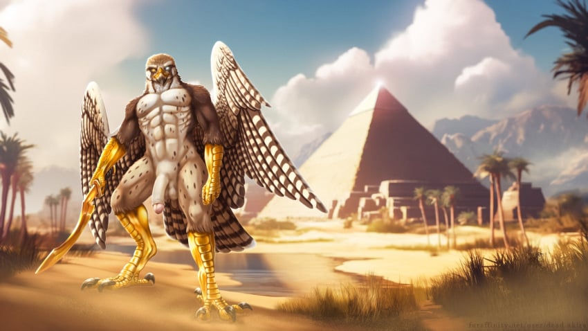 16:9 avian balls bird deity desert egyptian egyptian_mythology genitals gold heru hi_res horus invalid_tag lanner lanner-falcon looking_from_above melee_weapon middle_eastern_mythology mythology nile nude penis pyramid river sand sky_god sword weapon widescreen