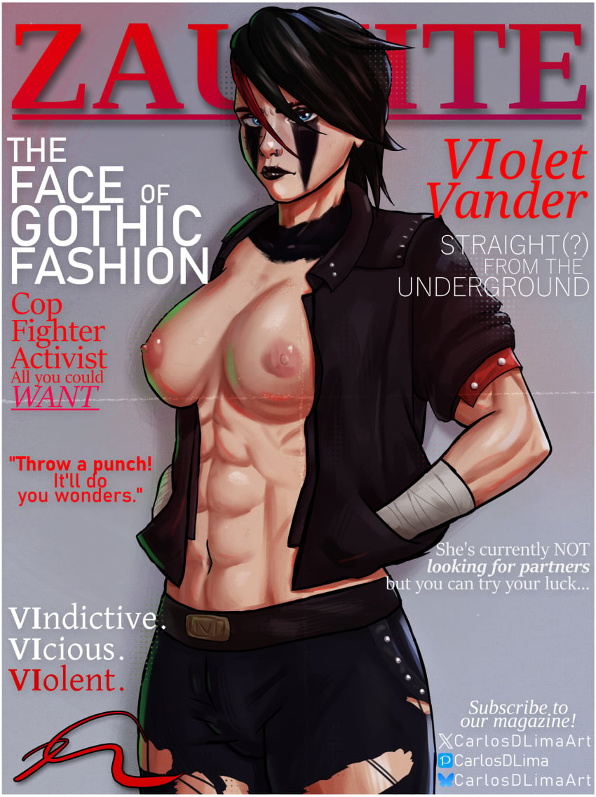 1girls abs angry arcane_vi black_hair black_lipstick blue_eyes buff carlosdlimaart emo face_paint goth goth_girl jacket jeans looking_at_viewer magazine magazine_cover muscular_female nose_piercing piercing pinup ripped_clothing scar solo tagme tattoo two-tone_hair vi vi_(league_of_legends)