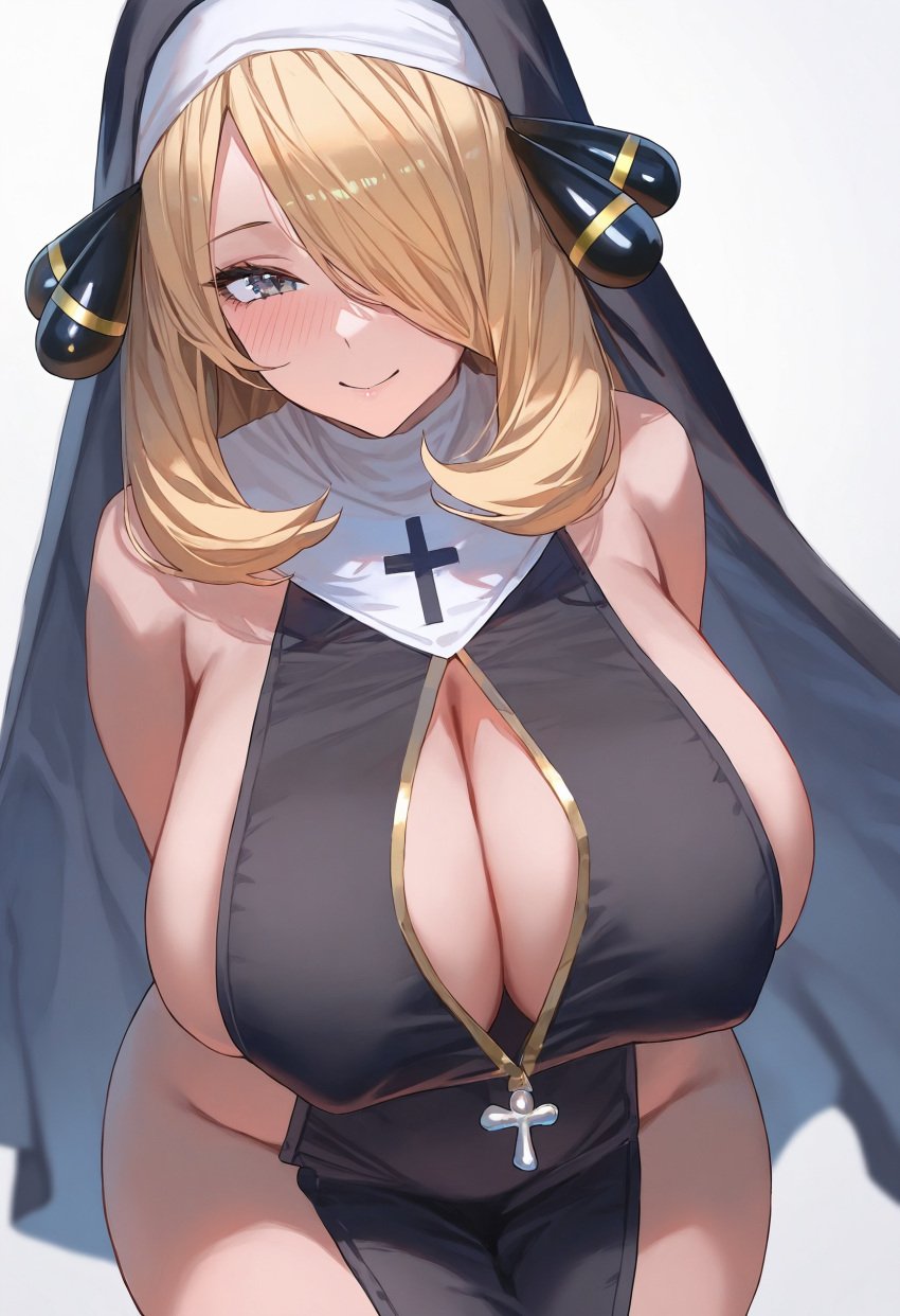 1girls ai_generated blonde_hair breasts cynthia_(pokemon) female flyingpancake game_freak hair_over_one_eye hips huge_breasts light-skinned_female light_skin long_hair nintendo nun nun's_habit nun_outfit pokemon pokemon_dppt thick_thighs thighs wide_hips