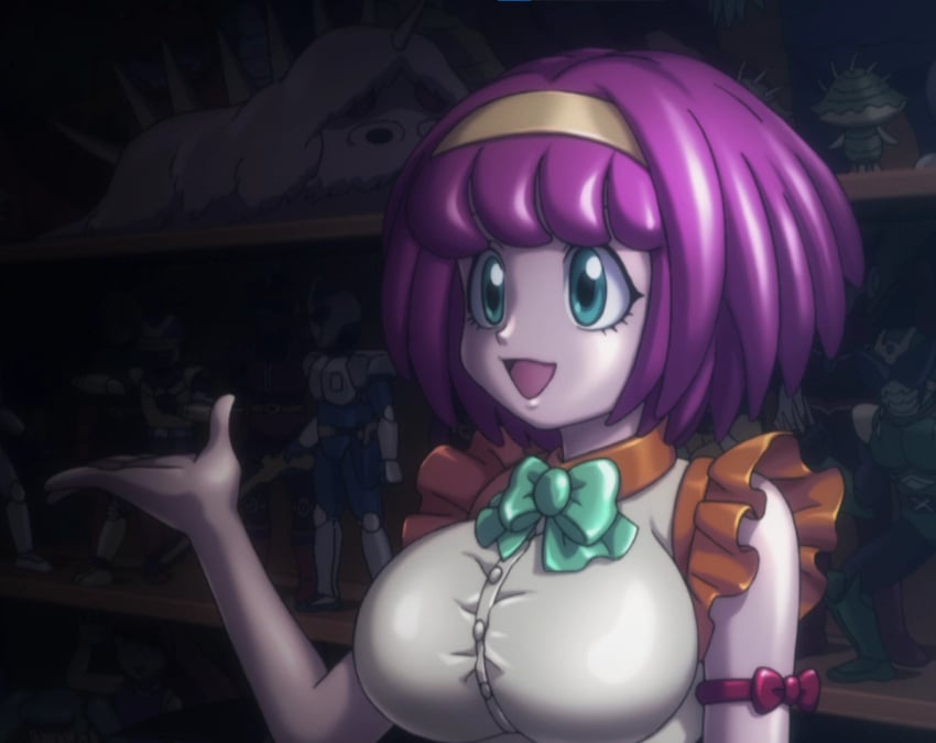 anime anime_screencap big_breasts bow_tie bowtie dark_room doll doll_girl eyelashes female female_only figure green_eyes happy headband headwear hunter_x_hunte hunter_x_hunter open_mouth purple_hair short_hair tagme