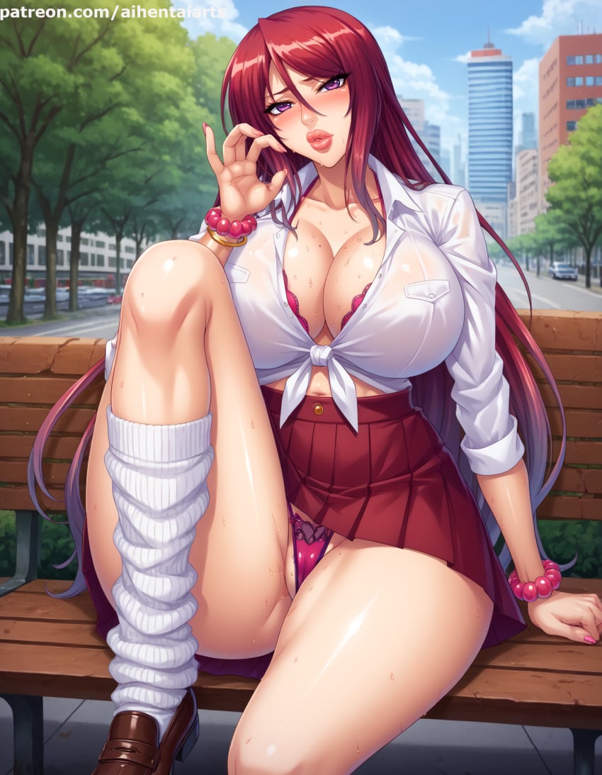 ai_generated beatrice_kushan bench bimbo bimbo_lips bimbofication blush bra bracelet city curvaceous curvy_female curvy_figure dress_shirt gyaru highres huge_breasts kangoku_senkan kangoku_senkan_3 kneesocks large_breasts lilith-soft long_hair looking_at_viewer mature_female milf outdoors panties purple_eyes red_hair shoes sitting skirt skirt_lift sweat taimanin_(series) thick_thighs voluptuous voluptuous_female