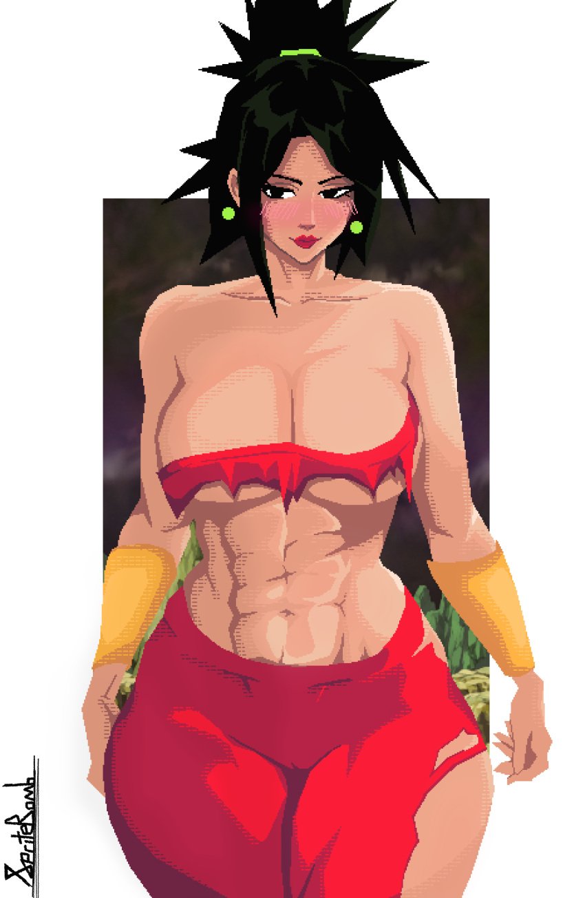 big_ass big_breasts black_hair blush blush_lines destroyed_clothing dragon_ball dragon_ball_super earrings friccxl highres kefla kefla_(dragon_ball) large_ass large_breasts pixel_art ponytail potara_earrings red_clothing red_lipstick ripped_clothing spritebomb white_background