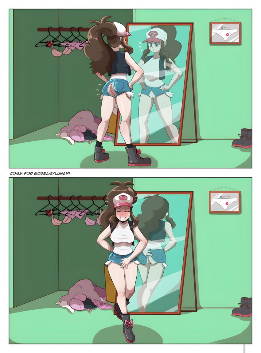 1girls bedroom blush blushing cleft_of_venus covering covering_self embarrassed embarrassed_female embarrassed_nude_female hilda_(pokemon) mirror pokemon ripped_pants shini_alonzo split_pants spongebob_reference tagme wardrobe_malfunction