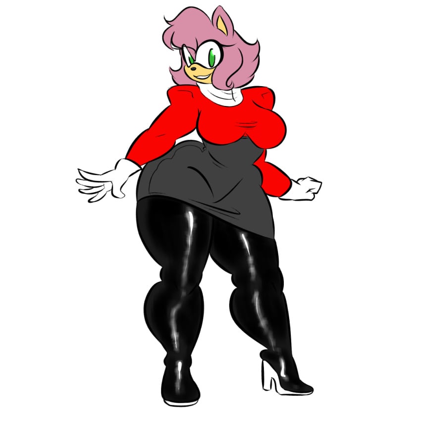 aged_up amy_rose bbw bearbuddies_(artist) big_breasts big_butt black_leggings curvy_figure fat_rolls green_eyes grey_skirt hedgehog high_heels looking_at_viewer looking_to_the_side msprismatic pink_hair plus_size red_shirt slightly_chubby sonic_(series) sonic_the_hedgehog_(series) thick_calves thick_thighs white_gloves wide_hips