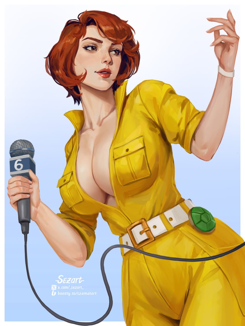 1girls april_o'neil april_o'neil_(tmnt_1987) belt big_breasts brown_eyes brown_hair clothed clothing communicator curvy deep_cleavage electronics female female_focus female_only ginger ginger_hair human jumpsuit light-skinned_female light_skin microphone pale_skin red_hair reporter sezart short_hair teenage_mutant_ninja_turtles tmnt_1987 yellow_jumpsuit