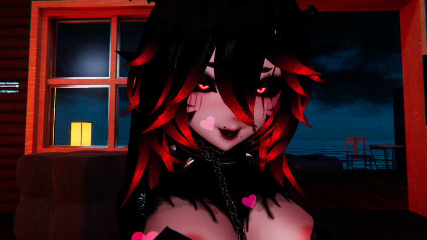 1futa 3d ahe_gao black_hair black_sclera breasts chains collar futanari goth goth_futa goth_girl gothic heart heart_symbol lewd_face markings night pasties piercing piercings red_hair submissive_futa submissive_futanari two_tone_hair vrchat vrchat_avatar