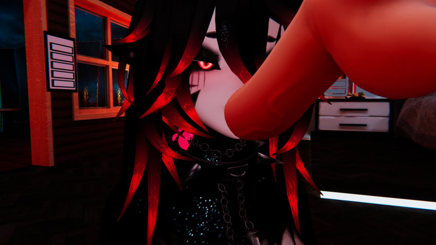 1futa 3d black_hair black_sclera blowjob chains collar dildo futanari goth goth_futa goth_girl gothic heart heart_symbol markings night oral piercing piercings red_hair sex_toy submissive_futa submissive_futanari sucking_dildo two_tone_hair vrchat vrchat_avatar