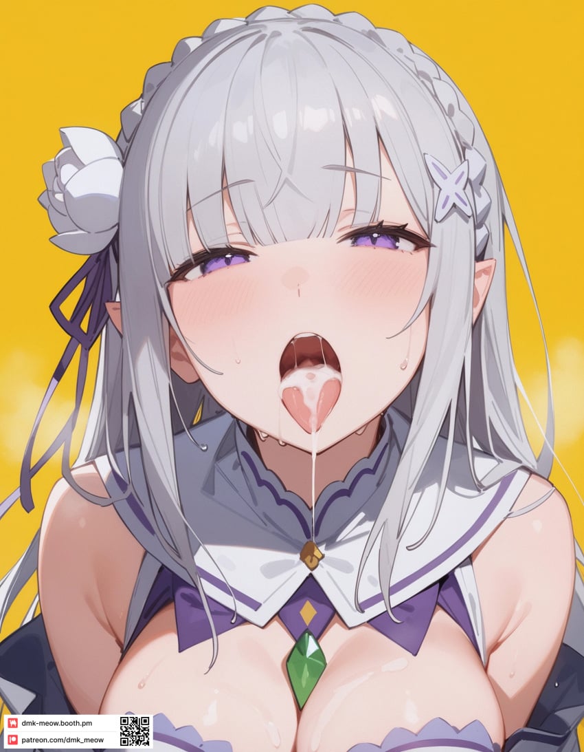 ai_generated bare_shoulders blunt_bangs blush braid breasts cleavage crown_braid cum cum_in_mouth cum_on_tongue dmk_meow elf emilia_(re:zero) female flower french_braid gem grey_hair hair_flower hair_ornament hair_ribbon large_breasts long_hair looking_at_viewer medium_breasts open_mouth patreon_username pointy_ears purple_eyes purple_ribbon re:zero_kara_hajimeru_isekai_seikatsu ribbon saliva simple_background solo sweat tongue tongue_out upper_body white_flower x_hair_ornament yellow_background