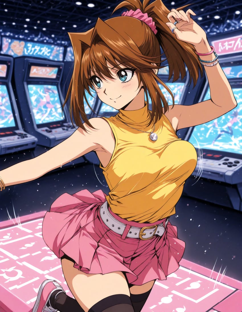 ai_generated bouncing_breasts dancing mazaki_anzu ponytail yu-gi-oh! yu-gi-oh!_the_dark_side_of_dimensions