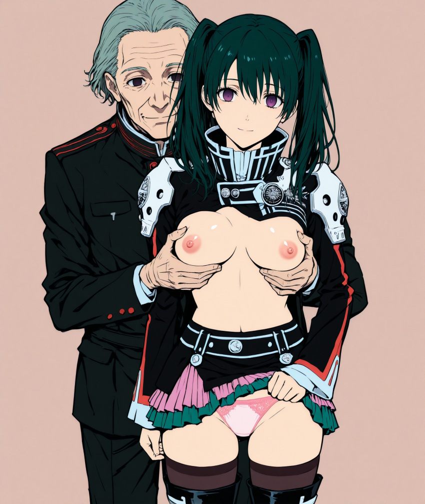 ai_generated blush d.gray-man grabbing_from_behind hypnosis lenalee_lee medium_breasts nipples panties skirt_lift