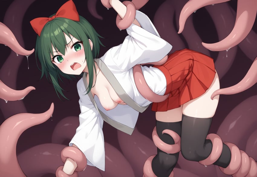 1girls ai_generated black_thighhighs blush breasts female female_only green_eyes green_hair gumi hairbow hassaku_xl japanese_clothes looking_at_viewer mai_shishikusa masa_works_design milua nipples oni_to_kitsune_no_hanashi open_clothes open_mouth red_bow red_skirt self_upload short_hair sidelocks solo solo_female tentacle thighhighs v-shaped_eyebrows vocaloid zettai_ryouiki