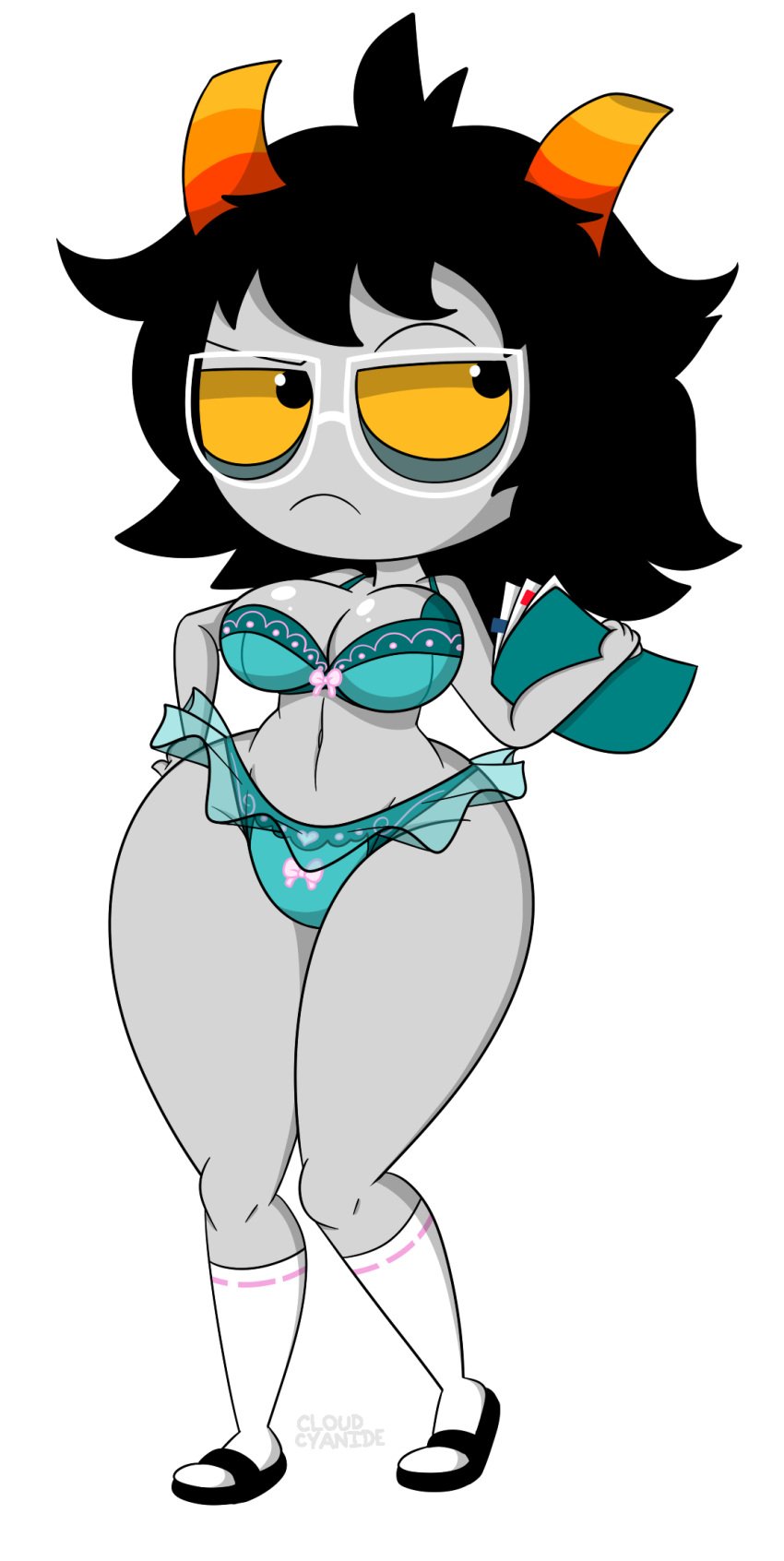 1girls black_hair breasts cloudcyanide femele files full_body glasses grey_skin hips hiveswap horns ms_paint_adventures short_hair solo stockings thick_thighs thighs troll tyzias_entykk underwear wide_hips