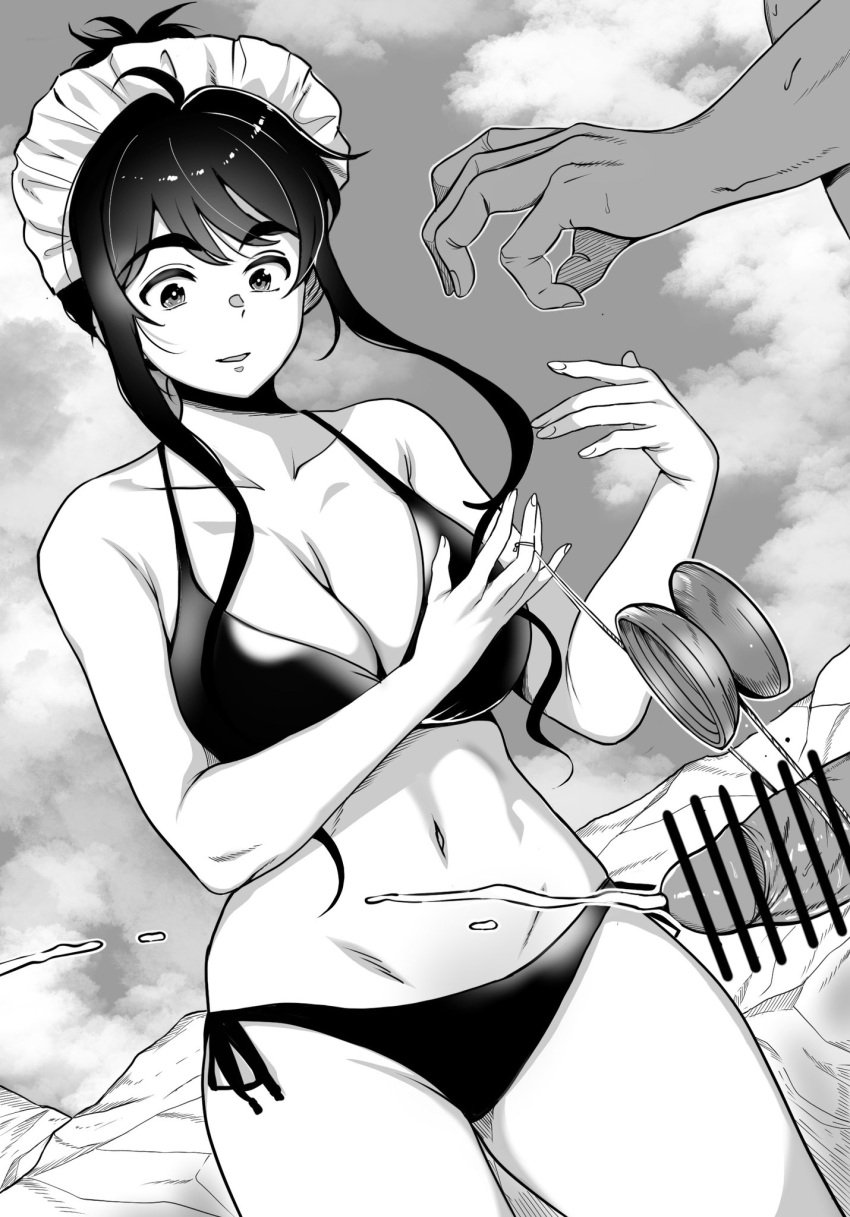 1boy :d ahoge bar_censor bikini black_bikini black_eyes black_hair breasts censored chicken4260 cleavage clothed_female_nude_male cloud cloudy_sky collarbone cum ejaculation female fingernails greyscale handsfree_ejaculation highres large_breasts long_hair looking_at_penis maid_headdress monochrome navel nude open_mouth original outdoors penis sky smile swimsuit yo-yo