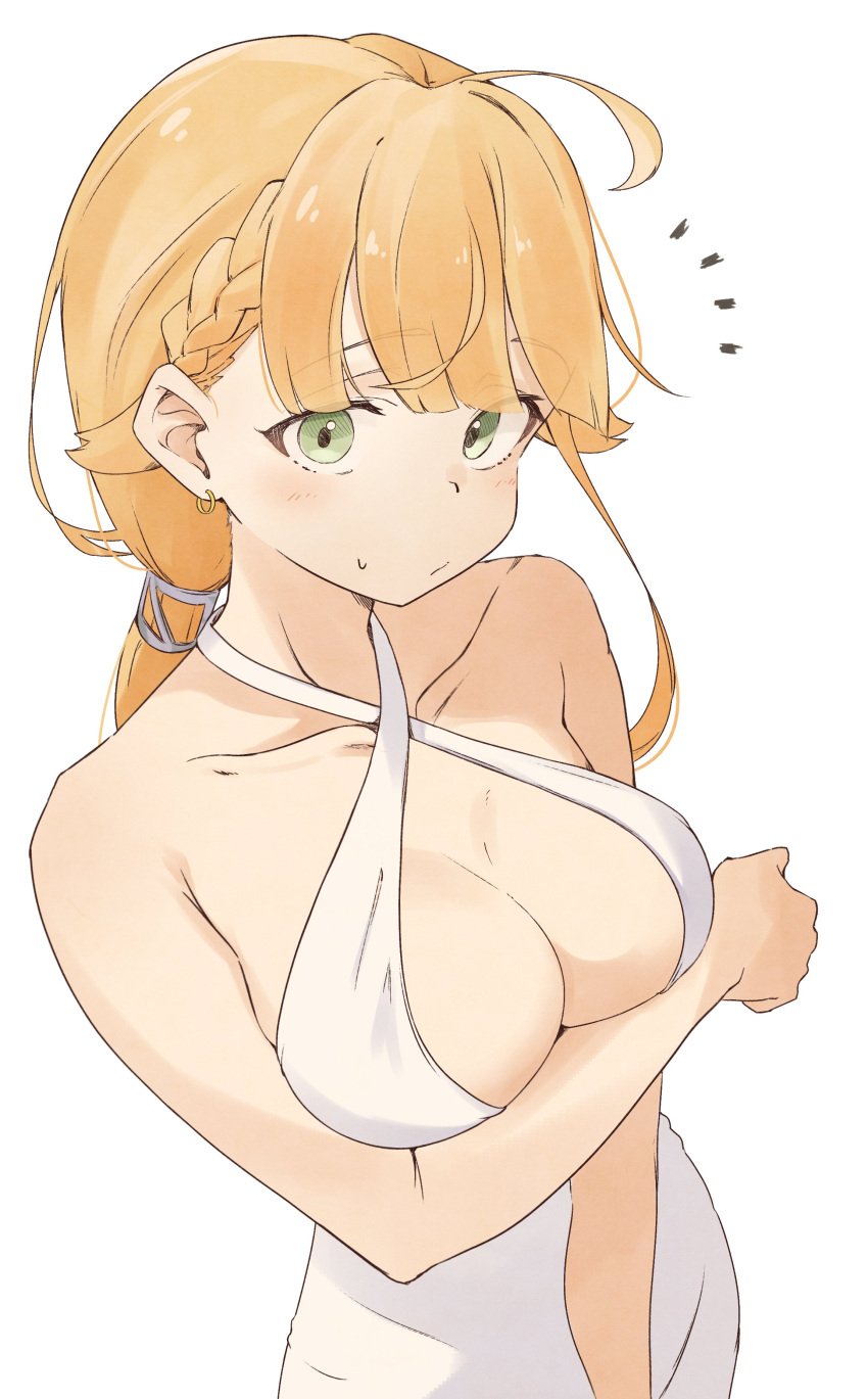 1girl absurdres ahoge alternate_breast_size arm_under_breasts armpit_crease bare_arms bare_shoulders big_breasts blonde_hair blush braid breasts cleavage closed_mouth collarbone dress earrings eyebrows_hidden_by_hair green_eyes groin hair_between_eyes highres large_breasts long_hair looking_at_viewer medium_hair mushoku_tensei norn_greyrat notice ponytail root_(1732050807point) simple_background sleeveless_dress solo sweatdrop white_background white_dress