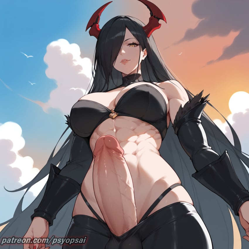 1futa abs ai_generated artist_name azur_lane big_penis colored digital_media_(artwork) erection friedrich_der_grosse_(azur_lane) from_below front_view futa_only futanari large_penis long_hair muscles muscular_futanari penis psyopsai solo solo_futa uncensored watermark