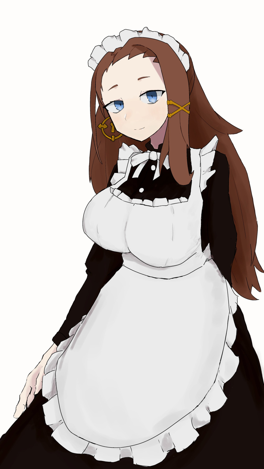 arm_behind_back aya02929 bad_id bad_twitter_id blue_eyes brown_hair female grimms_notes huge_breasts long_hair looking_at_viewer maid maid_apron maid_headdress mona_lisa_(grimms_notes) simple_background solo white_background