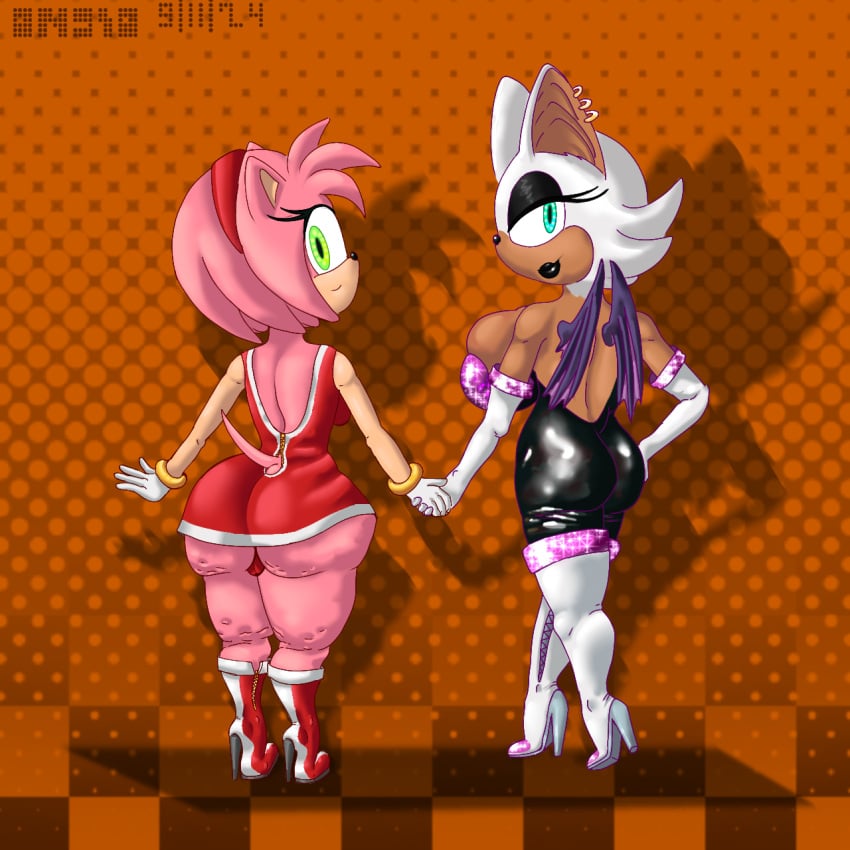 abstract_background amy_rose big_ass big_breasts brown_skin cellulite ear_piercing earrings gloves high_heel_boots high_heels highres holding_hands huge_ass huge_breasts innocent latex latex_clothing latex_legwear latex_suit ongio rouge_the_bat rouge_the_bat_(cosplay) skirt smiling sonic_(series) sonic_the_hedgehog_(series) stilletos tanned tanned_skin virgin