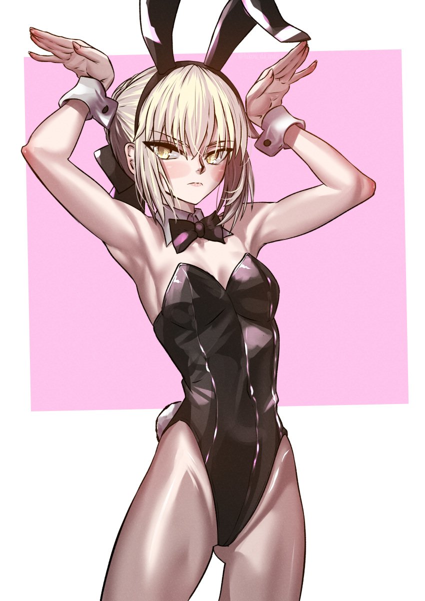 1girls absurd_res absurdres arm_above_head arm_up armpit armpit_crease armpit_peek armpits arms_above_head arms_up artoria_pendragon_(fate) bare_armpits bare_arms bare_chest bare_hands bare_shoulders bare_skin belly belly_button black_bowtie black_bunny_ears black_bunnygirl_costume black_bunnysuit black_hair_ribbon black_hair_tie black_hairband black_leotard black_ribbon black_topwear blonde_eyebrows blonde_female blonde_hair blonde_hair_female bowtie breasts brown_legwear brown_pantyhose bunny_ears bunny_pose bunnygirl bunnygirl_outfit cleavage collar collarbone covered_areola covered_areolae covered_crotch covered_navel covered_nipples covered_pussy covered_vagina dot_nose elbows exposed exposed_armpits exposed_arms exposed_shoulders eyebrows_visible_through_hair fair_skin fate/grand_order fate/stay_night fate_(series) female female_focus female_only fingernails fingers flat_belly frown frown_eyebrows frowning frowning_at_viewer fukou groin hair_between_eyes hair_bun hair_ribbon hair_tie hairband hairless_armpits hand_above_head hand_up hands_above_head hands_up high_resolution highres lean_body lean_figure legs legwear leotard light-skined_female light-skinned light-skinned_female light_skin light_skin_female light_skinned light_skinned_female lips looking_at_viewer narrow_waist navel pale pale-skinned_female pale_skin pale_skinned_female pantyhose petite::petite_body petite_breasts petite_female petite_girl petite_tits pink_background ribbon saber_alter sexy_armpits shaved_armpits shoulders simple_background skinny_female skinny_girl skinny_waist slender_body slender_waist slim_girl slim_waist small_breasts smooth_armpits smooth_chest smooth_skin solo standing thick_thighs thigh_gap thighs thin_waist topwear upper_body v-line white_background white_collar white_wrist_cuffs wrist_cuffs yellow_eyes yellow_eyes_female