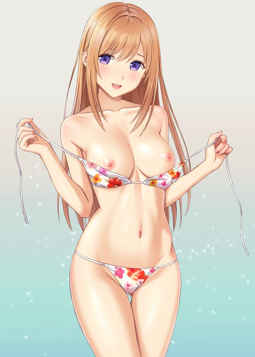 1girls bikini breasts brown_hair collarbone long_hair medium_breasts n.g. navel nipples open_mouth purple_eyes smile solo thigh_gap undressing