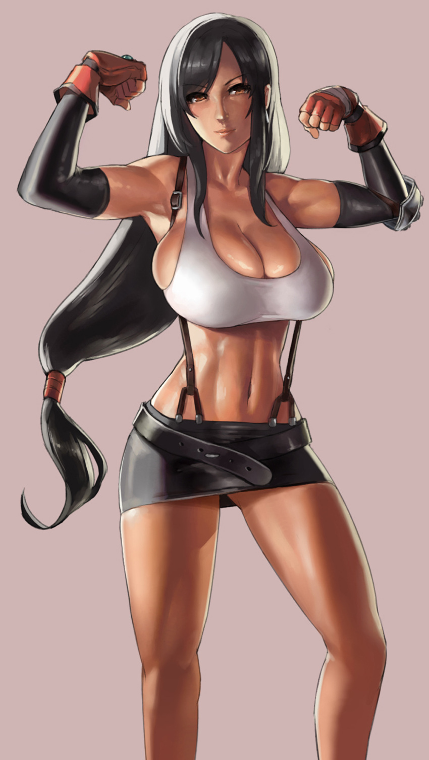 1girls big_breasts black_hair breasts brown_eyes bursting_breasts busty cleavage clenched_hands cowboy_shot crop_top detached_sleeves eu03 female female_focus female_only final_fantasy final_fantasy_vii fingerless_gloves flexing gloves hair_ribbon highres huge_breasts legs lips long_hair looking_at_viewer low-tied_long_hair midriff miniskirt muscular navel no_bra nose retro_artstyle ribbon sideboob sidelocks simple skirt smile solo standing suspender_skirt suspenders thighs tifa_lockhart toned voluptuous