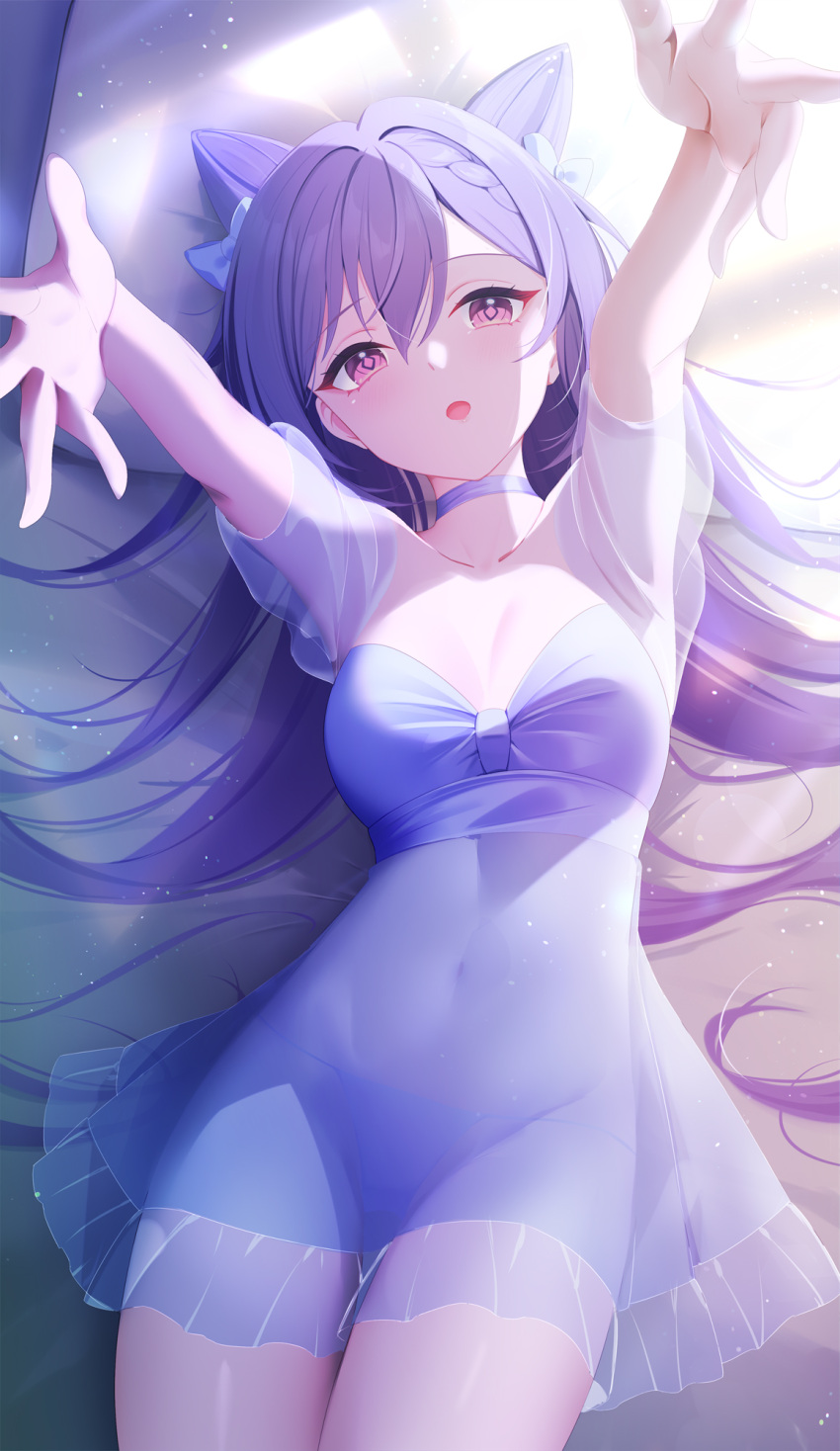 1girls bed blush female female_only genshin_impact hair_spread_out keqing_(genshin_impact) long_hair looking_at_viewer lying lying_on_bed navel open_mouth outstretched_arms pillow purple_eyes purple_hair see_through_clothing tights tyenka7728 underwear