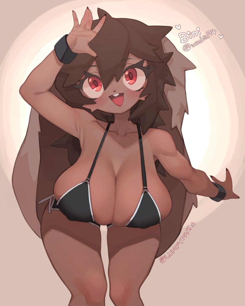 1girls anthro bent_over big_breasts bikini_top bini_(woobin94) blush breasts brown_fur brown_hair bunny_ears female female_only fur furry furry_only happy lagomorph long_hair looking_at_viewer lumpypaca lumpypacas original original_character red_eyes shorts smiling smiling_at_viewer solo upper_teeth very_high_resolution waving waving_at_viewer wrist_cuffs