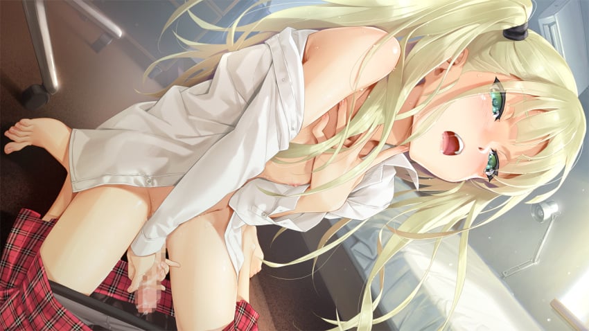 1boy bishoujo_mangekyou blonde_hair blush censored crossdressing feet femboy game_cg girly green_eyes happoubi_jin kannagi_yuuma long_hair male male_focus masturbation nipples open_clothes open_mouth otoko_no_ko penis skirt solo trap twintails