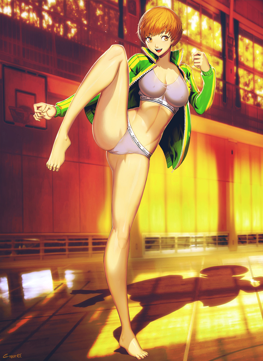 1girls barefoot basketball_hoop big_breasts breasts busty calvin_klein cameltoe cleavage female female_only flexible genzoman highres indoors jacket large_breasts leg_lift matching_hair/eyes navel no_headwear no_shoes open_clothes open_jacket open_mouth orange_eyes orange_hair persona persona_4 satonaka_chie shadow short_hair smile solo sports_bra standing standing_on_one_leg underwear voluptuous window