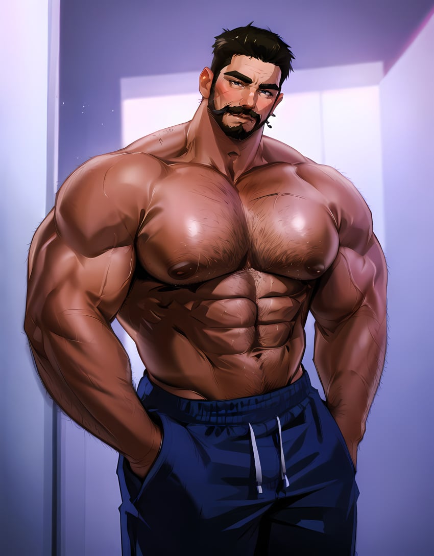 1boy abs ai_generated aimenlover arm_hair bara beard black_hair blue_pants blush chest_hair facial_hair hairy hands_in_pockets large_pectorals looking_at_viewer male_focus manly mature_male muscular muscular_male mustache navel navel_hair nipples pants pectorals short_hair solo stable_diffusion thick_arms thick_eyebrows topless_male track_pants veiny_arms