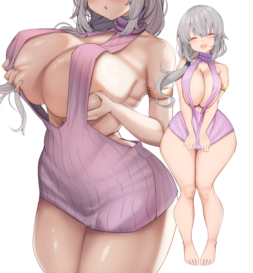 armband backless_dress backless_outfit bangs bare_shoulders barefoot breasts closed_eyes dot_mouth dress female grabbing grabbing_own_breast grey_hair hair_over_shoulder halterneck highres huge_breasts karatakewari long_hair looking_at_viewer mature_female meme_attire milf naked_sweater open-chest_sweater open_mouth purple_sweater ribbed_sweater sidelocks simple_background smile solo sweater sweater_tug thighs turtleneck turtleneck_sweater uzaki-chan_wa_asobitai! uzaki_tsuki virgin_killer_sweater white_background wide_hips