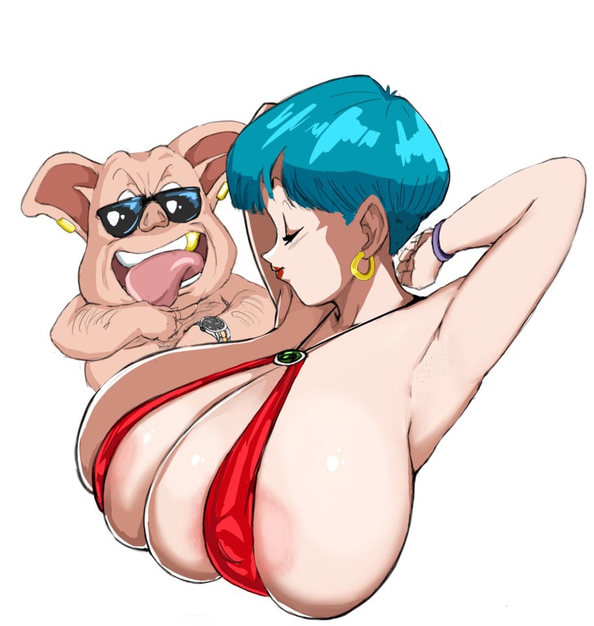 1animal 1girls bulma_briefs dragon_ball female huge_breasts male milf nipples_visible_through_clothing non_canon oolong red_bikini sling_bikini zetomeso