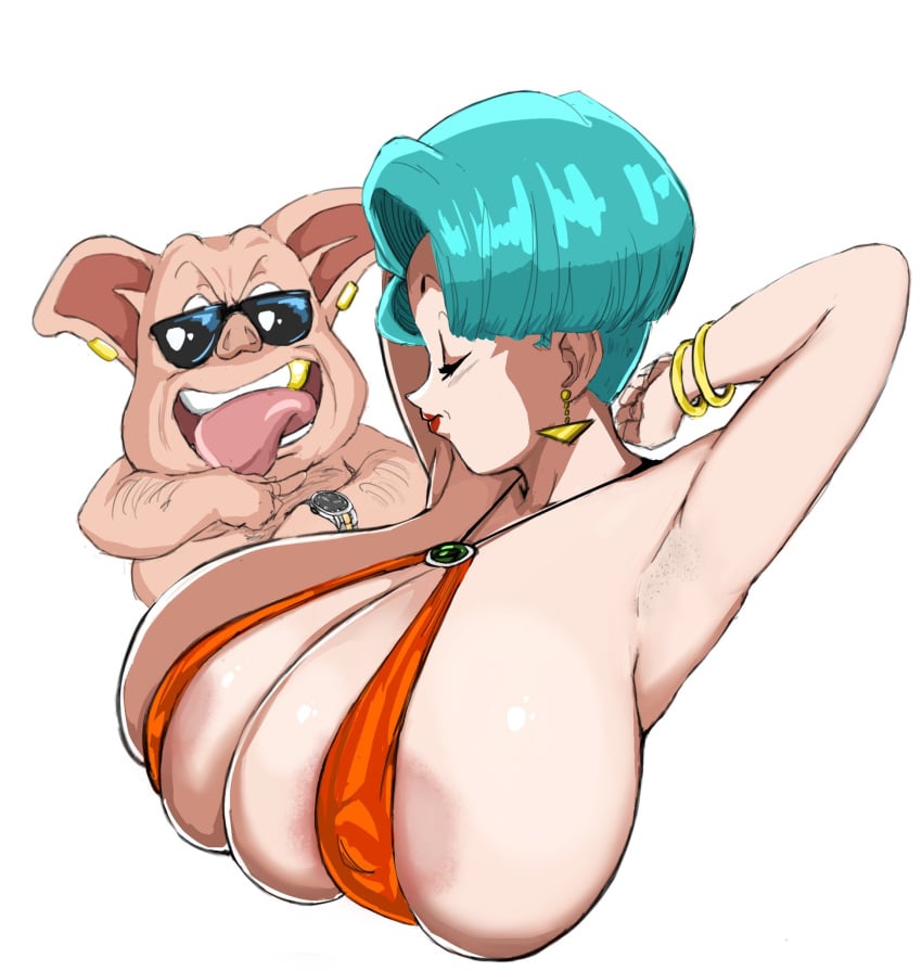 1animal 1girls bulma_briefs bulma_briefs_(gt_saga) dragon_ball dragon_ball_gt female huge_breasts male milf nipples_visible_through_clothing non_canon oolong red_bikini toei_animation zetomeso