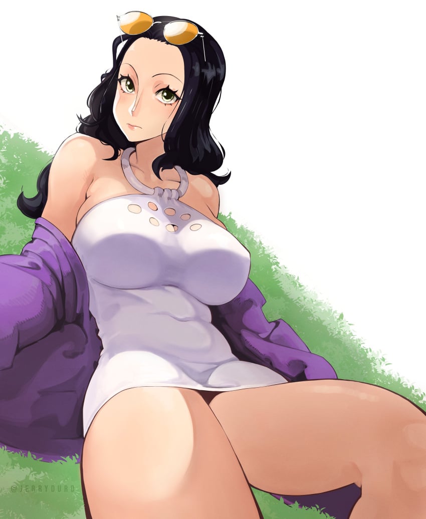 1girls 2d bare_shoulders big_breasts boob_window clothed female female_only jerrydurd looking_at_viewer lying lying_on_back lying_on_ground nico_robin nipple_bulge one_piece post-timeskip solo upskirt