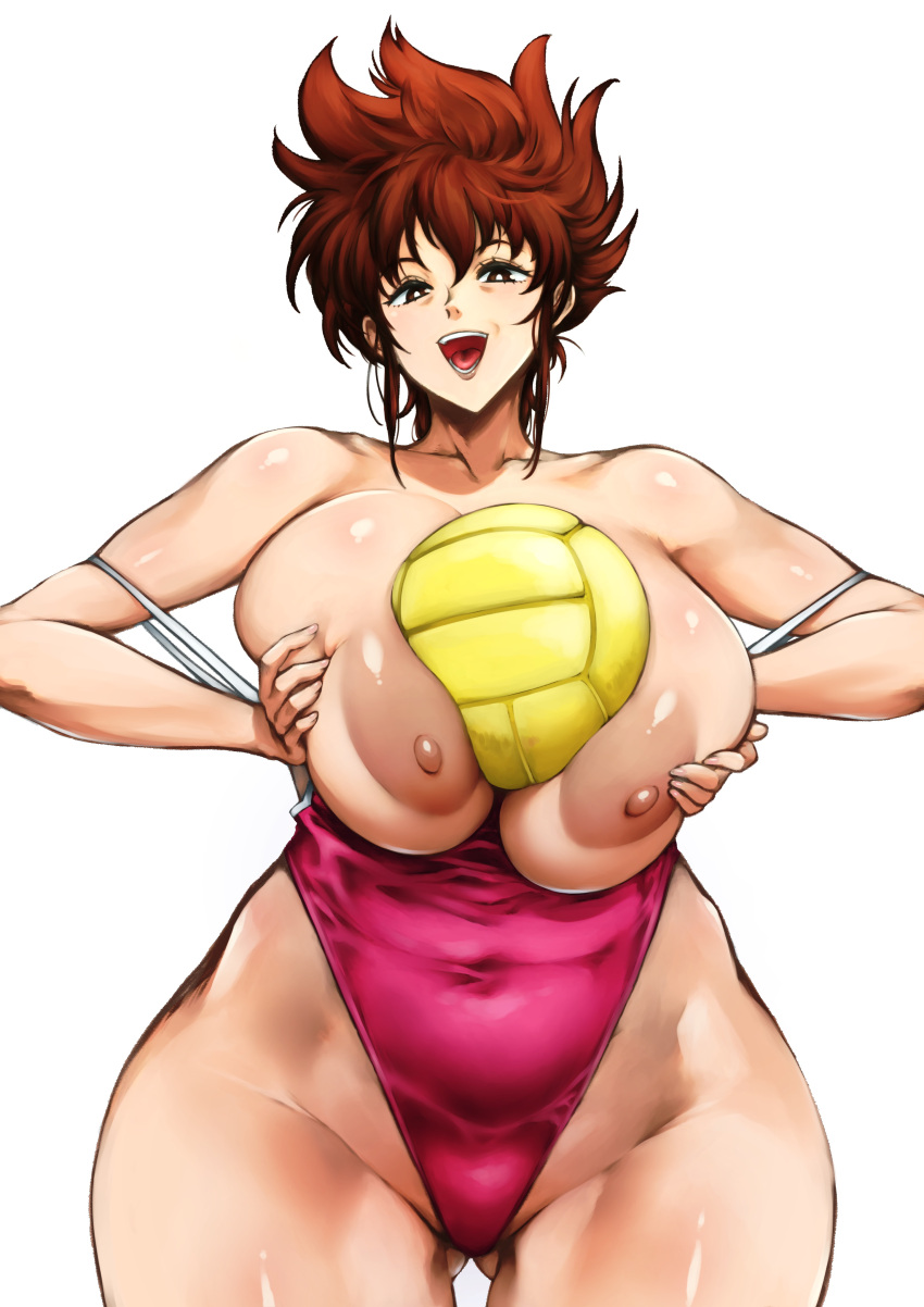 1girls big_breasts breasts brown_hair busty curvaceous curvy curvy_body curvy_female curvy_figure female honoo_no_toukyuuji:_dodge_danpei huge_breasts ichigeki_haruka kyugata large_breasts nipples swimsuit tomboy volleyball voluptuous wide_hips