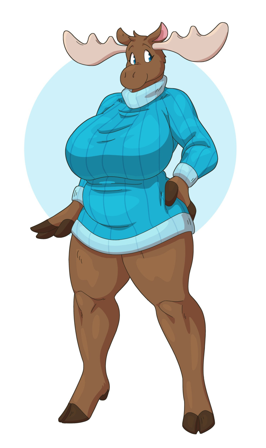 1girls 3_fingers anthro antlers big_breasts blue_eyes blue_sweater brown_fur commission female female_only fur furry furry_only hand_on_hip hi_res hooves horns looking_away moose moose_ears slightlysimian smile solo sweater sweater_only thick_thighs