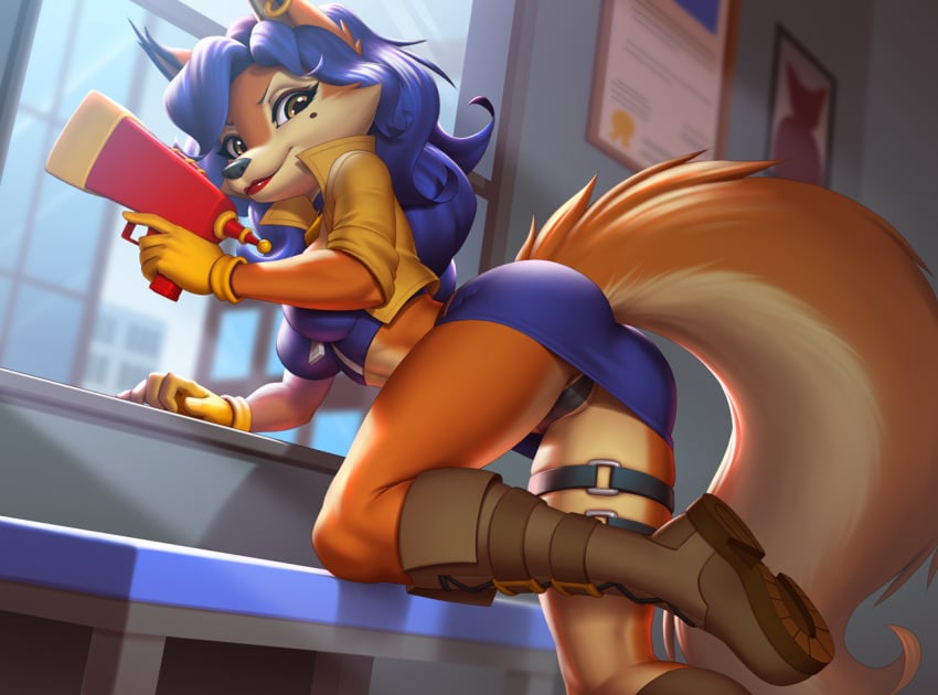 1girls alternate_version_available anthro anthro_only ass boots brown_boots camel_toe cameltoe canine carmelita_fox female firearm furry gloves interpol looking_back miniskirt pak009 pakwan008 panties police_uniform policewoman shock_pistol sly_cooper_(series) solo tagme upskirt weapon